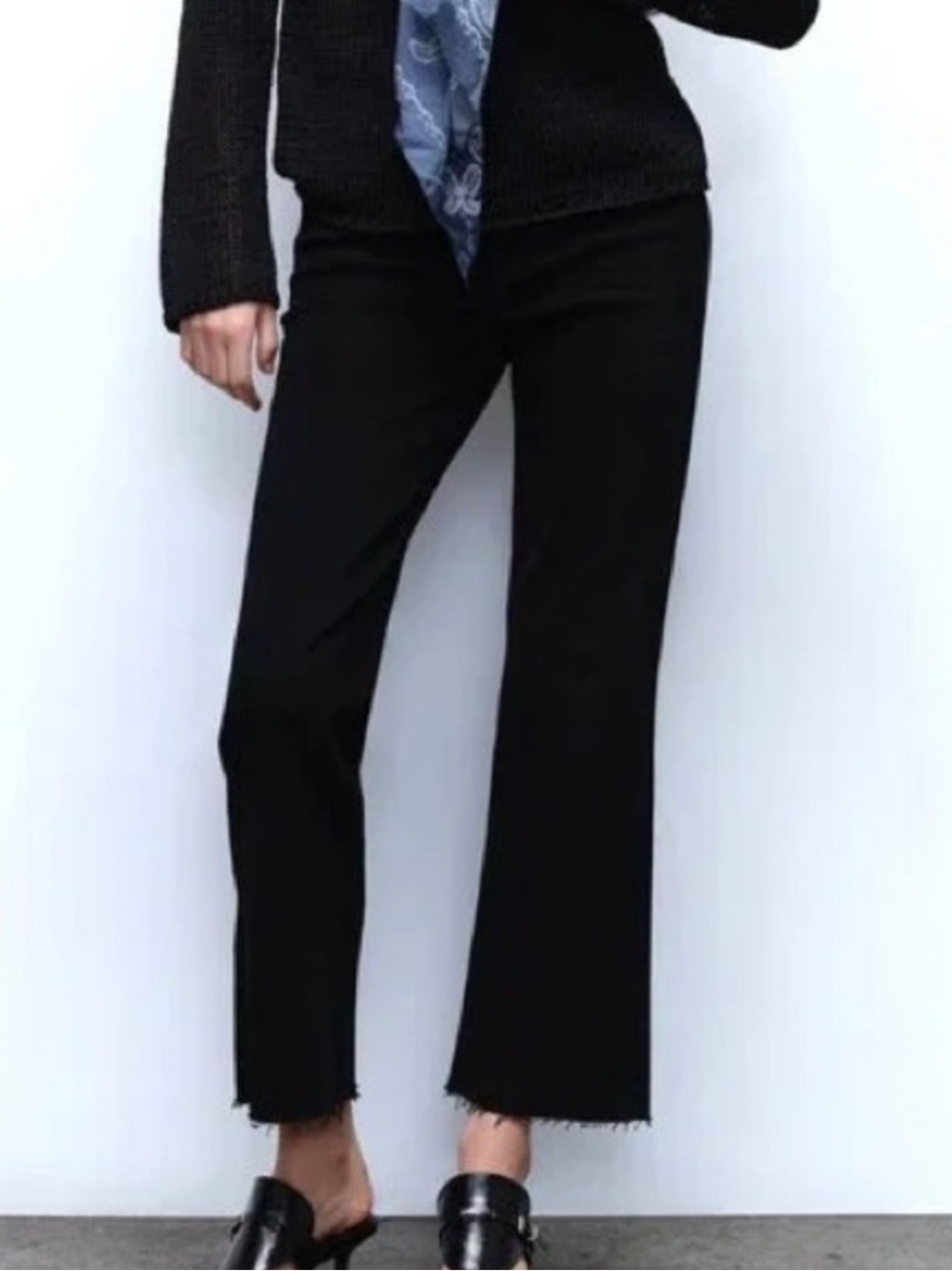 Zara | Black High Waist Crop Flare Raw Hem Jeans Sz 12